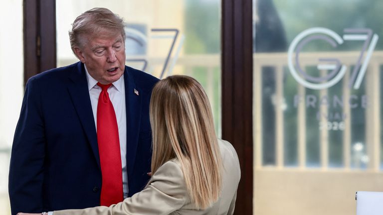 Donald Trump and Giorgia Meloni at the G7 summit. Pic: Reuters