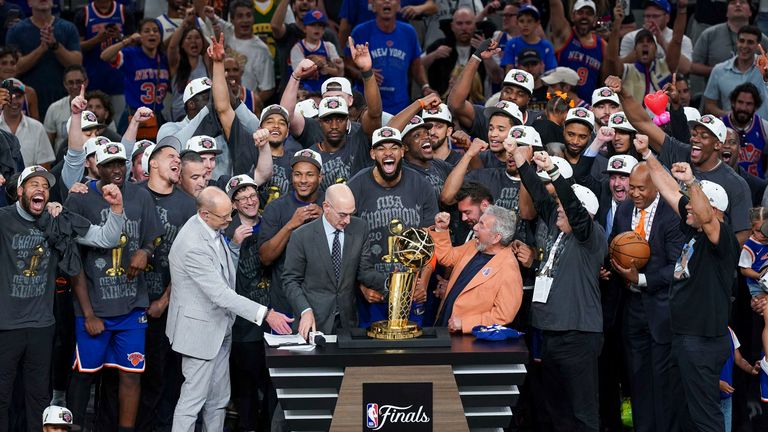The New York Knicks celebrate their first NBA title since 1973. Pic: Reuters/Dustin Safranek-Imagn Images