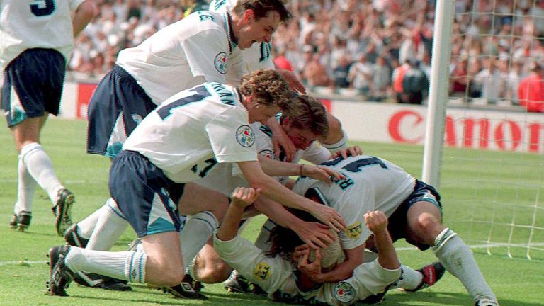 England celebrate Paul Gascoigne's goal against Scotland during Euro 96. Pic: Reuters