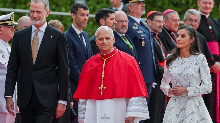 Spain’s King Felipe and Queen Letizia with Pope Leo XIV during a welcoming ceremony at Madrid airport. Pic: Reuters