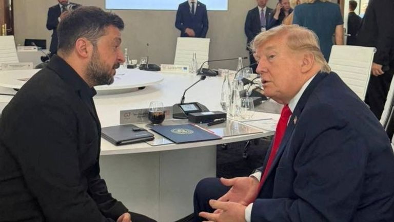 Zelenskyy and Trump speaking at the G7 summit in France. Pic: Reuters/Ukrainian Presidential Press Service