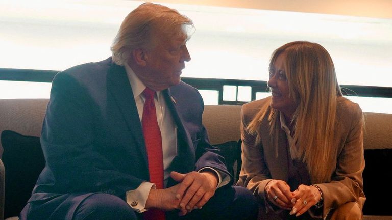 Donald Trump speaks to Giorgia Meloni on the sidelines of the G7 Summit. Pic: Reuters