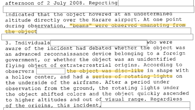 A CIA report in July 2008 on a UFO sighting at Harare International Airport. Pic: US Defense Department