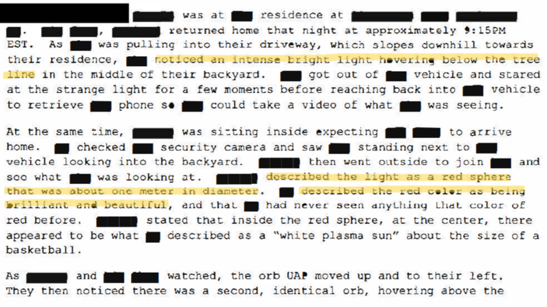 A redacted FBI statement of witnesses to the UFO sighting pictured above. Pic: US Defense Department