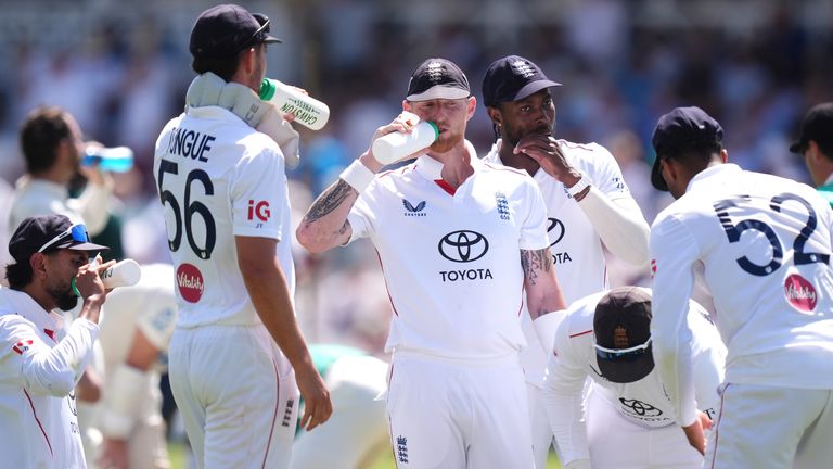 England's Ben Stokes (centre) during a drinks at Trent Bridge in June. Pic: PA