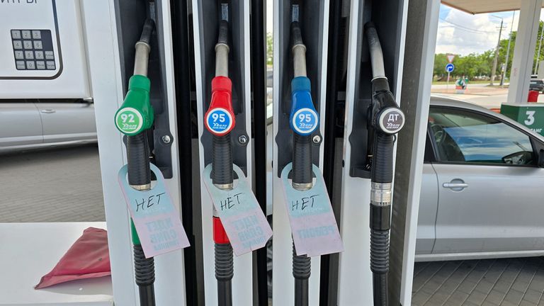 Signs reading "No" placed on fuel pumps at a petrol station in the Black Sea city of Yevpatoriya, Crimea. Pic: Reuters