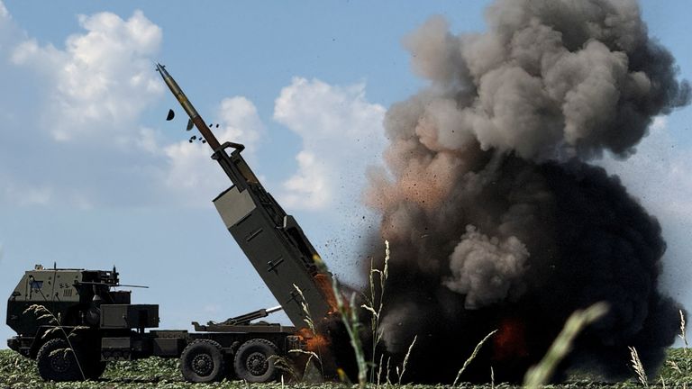 Ukrainian servicemen fire a High Mobility Artillery Rocket System (HIMARS). Pic: Reuters