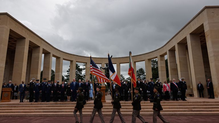 The ceremony at the US cemetery in Colleville-sur-Mer, Normandy, to commemorate the D-Day landings. Pic: AP