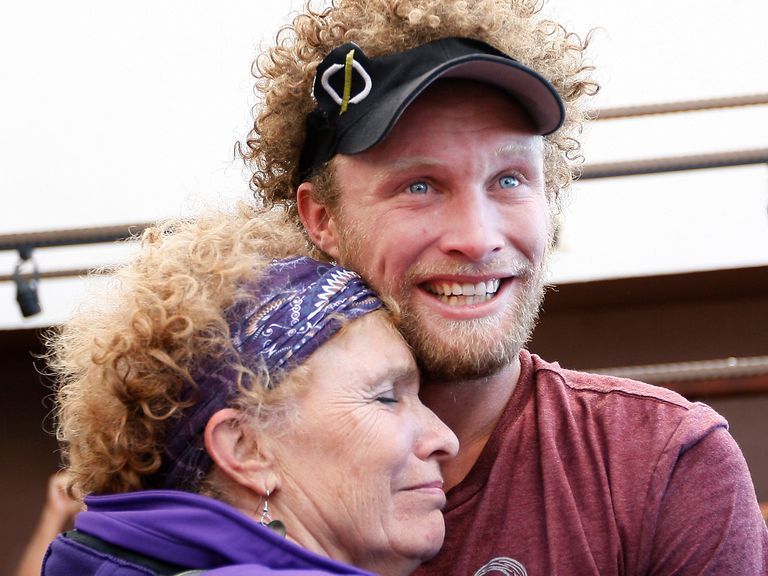 Andy Lewis gets a hug from his mother Lynn after his urban highline walk in Las Vegas in 2013. Pic: AP