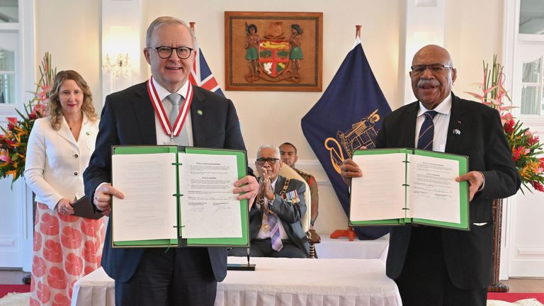Australia's Anthony Albanese and Fiji's Sitiveni Rabuka after signing a defence agreement. Pic: AP
