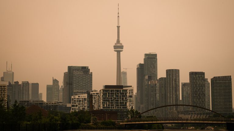 The Toronto skyline as wildfire smoke fills the city. Pic: Laura Proctor/The Canadian Press via AP