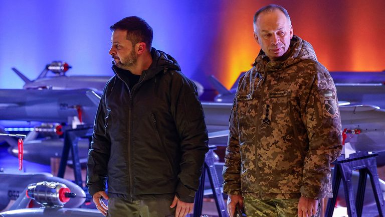 Volodymyr Zelenskyy and General Oleksandr Syrskyi at an exhibition of Ukrainian-made drone missiles in Kyiv in 2024. Pic: Reuters

