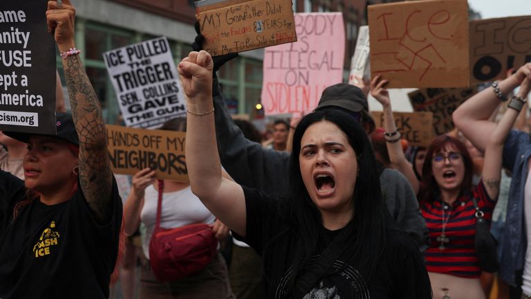 Demonstrators march in Maine over the killing of a man by ICE. Pic: Reuters