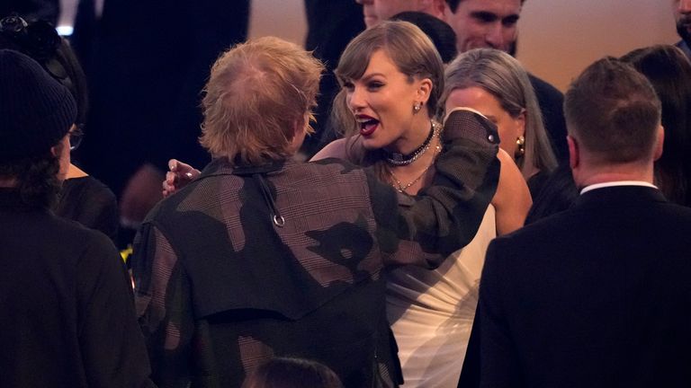 Ed Sheeran, left, and Taylor Swift at the Grammys in 2024. Pic: AP/ Chris Pizzello