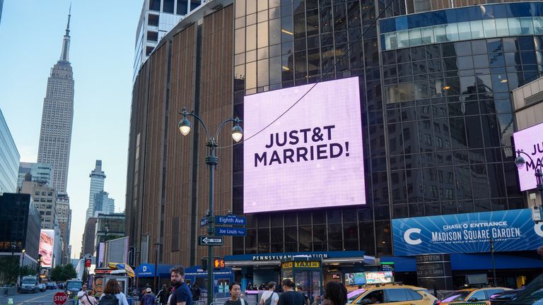 A "Just Married" sign is displayed on Madison Square Garden after Taylor Swift and Travis Kelce's wedding. Pic: AP