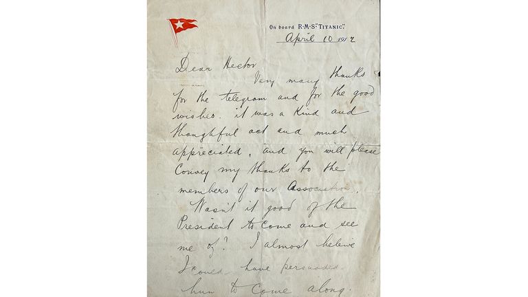 The  letter written onboard the Titanic by passenger Henry Price Hodges . Pic: Henry Aldridge Auctioneers/PA