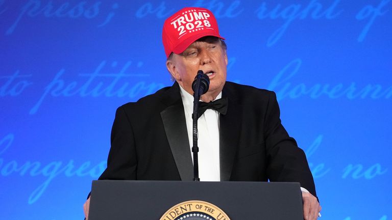 President Donald Trump speaks at the White House correspondents' dinner. Pic: AP