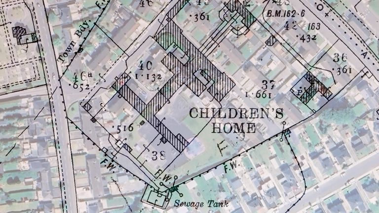 A historical map of the mother and baby home in Tuam, Co Galway, laid over the current housing estate. Pic: PA
