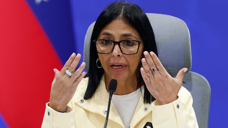 Venezuela's acting president Delcy Rodriguez speaking at a press conference on Thursday. Pic: AP