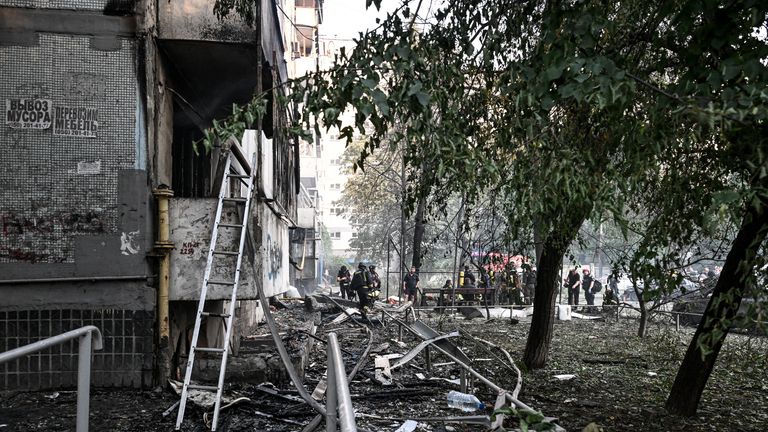 A Russian drone hit a nine-storey apartment building in Zaporizhzhia on Saturday. Pic: AP