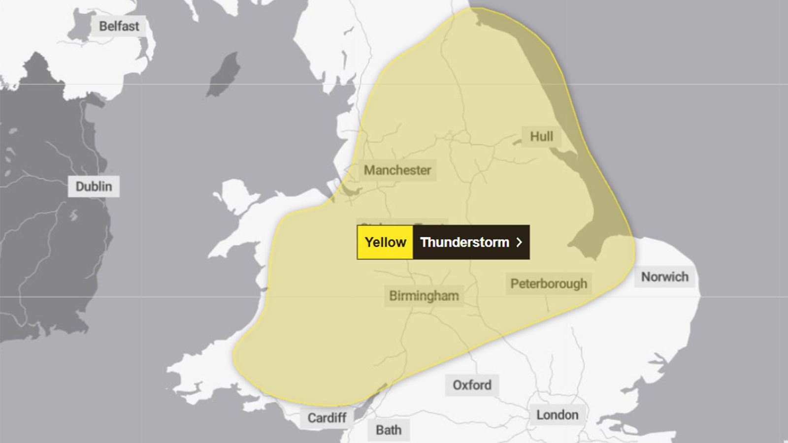 Yellow weather warning issued for thunderstorms across the UK