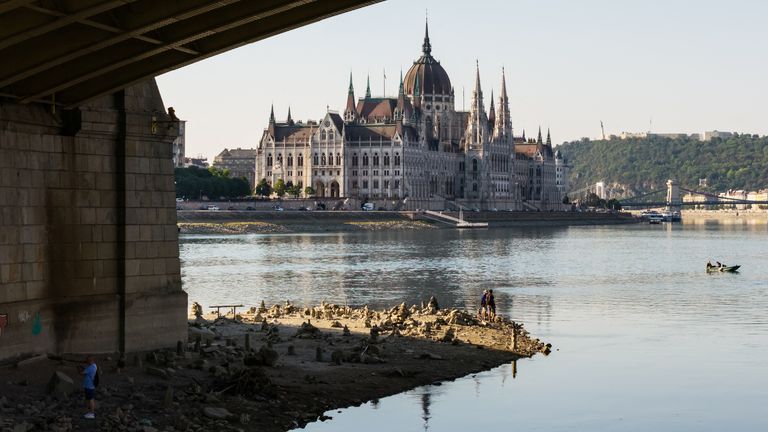 The low level of the Danube seen from the Margaret Bridge in Budapest. Pic: AP