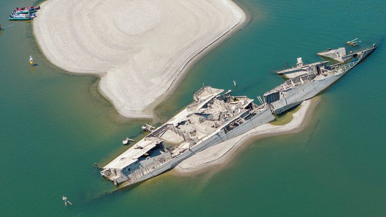 Meagre water levels in the Danube revealed a WW2 ship in Serbia this summer. Pic: Reuters