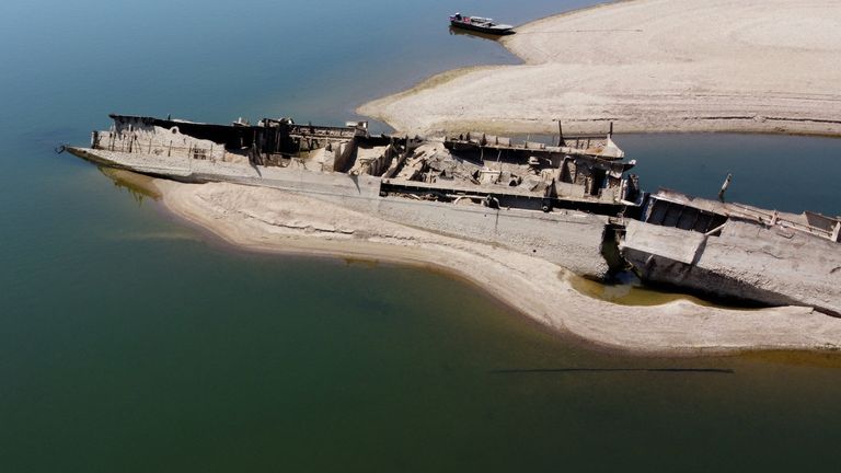 The wreckage of a World War II German warship on the Danube River near the Serbian city of Prahovo. Pic: AP