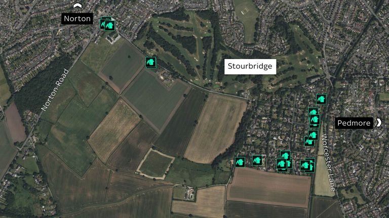 Map shows affected houses in Stourbridge