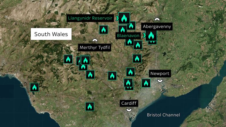 Map shows wildfires in South Wales over 30-day period