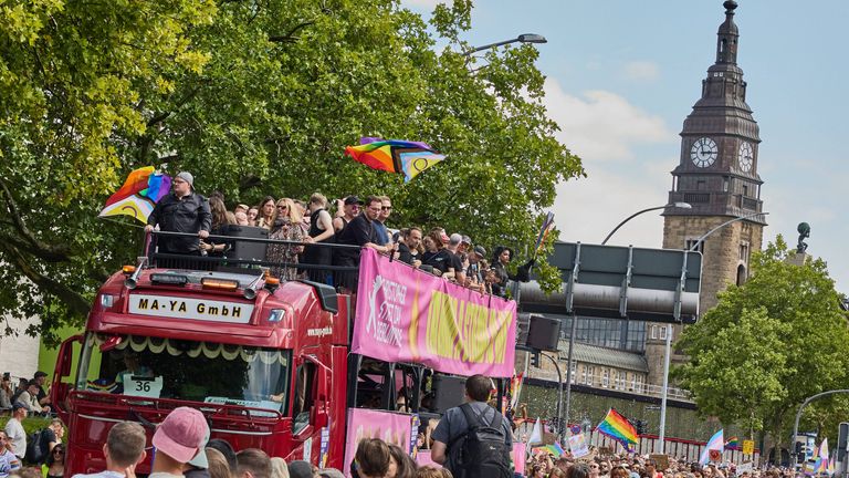 People on this truck in Hamburg wore dark clothing as a sign of respect for the victims of the Berlin attack. Pic: AP