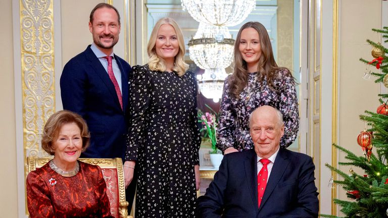 King Harald and Queen Sonja with Crown Prince Haakon, Princess Ingrid Alexandra and Crown Princess Mette-Marit. Pic: Reuters