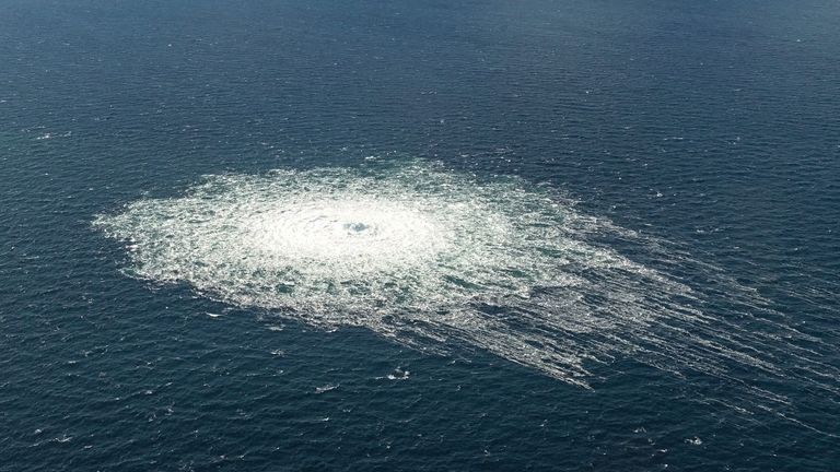 The gas leak, seen from a Danish jet, on 27 September 2022. Pic: Reuters 