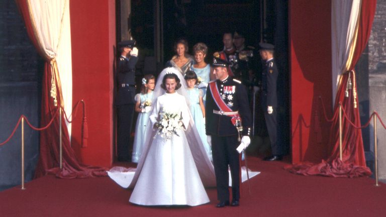 Princess Sonja leaves the Cathedral of Oslo after her wedding to Crown Prince Harald. Pic: AP
