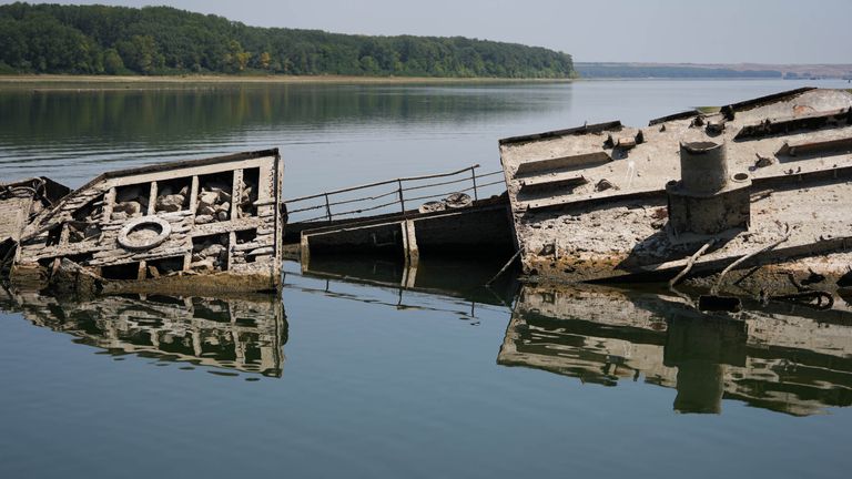 The wreckage of a Nazi warship near Djerdap II, a large dam on the Danube River, between Romania and Serbia. Pic: AP