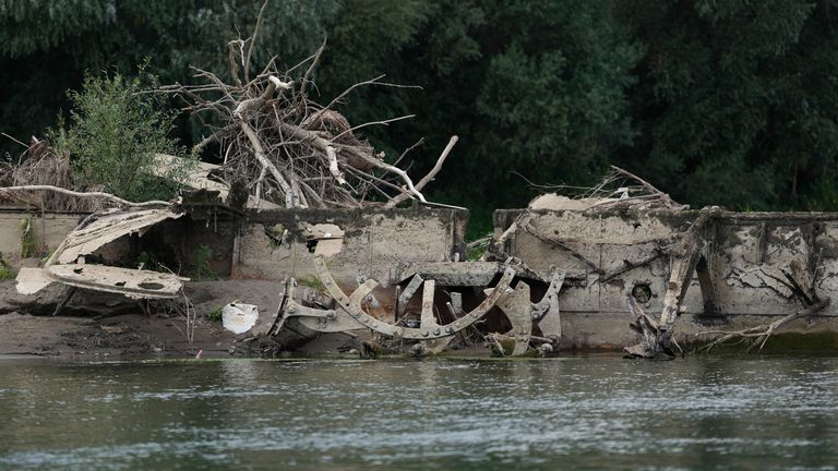 The wreckage of an old steam boat, the Slovenian, is visible due to the low level of the Sava river in Serbia. Pic: AP