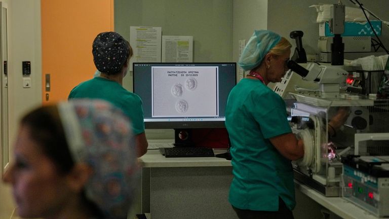 An image of the Raptis couple's embryo is displayed on a lab monitor. Pic: AP