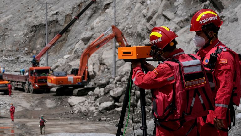Rescue workers in the disaster-hit area of Gyirong Port. Pic: Reuters