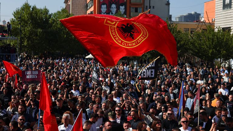 Supporters of Hashim Thaci gathered in Pristina for the verdict. Pic: Reuters
