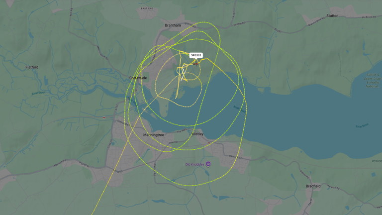 An image showing the flightpath of a search and rescue helicopter in the area. Pic: Flightradar24