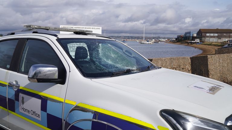 Damaged Home Office vehicle at Eastney Point, near Eastney Beach in Portsmouth, following the protest. Pic: PA