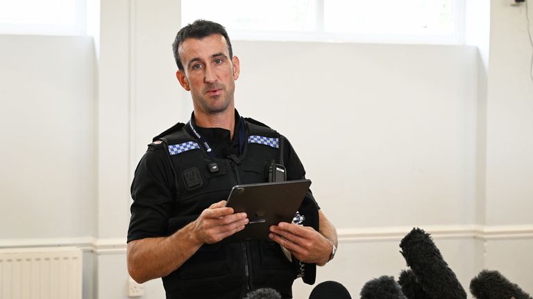 Superintendent Tom Pearse speaking to the media at Brantham Leisure Centre.
Pic: PA