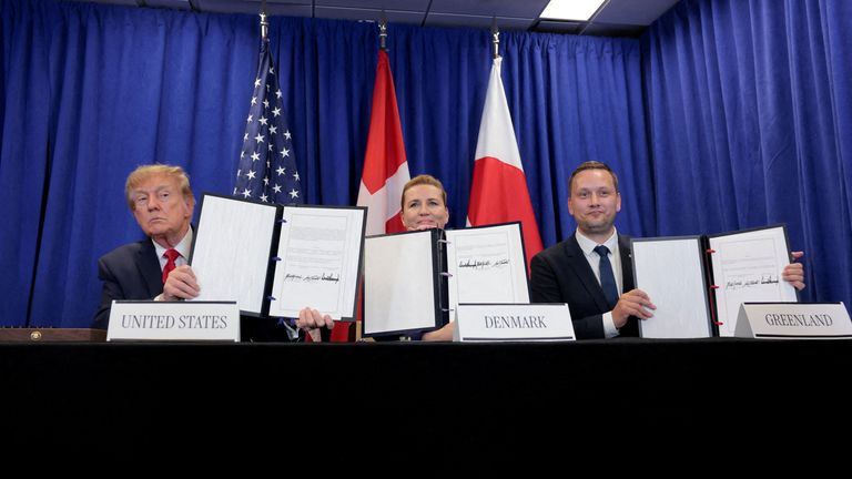 Mr Trump, Danish Prime Minister Mette Frederiksen and Greenland Prime Minister Jens-Frederik Nielsen. Pic: Reuters