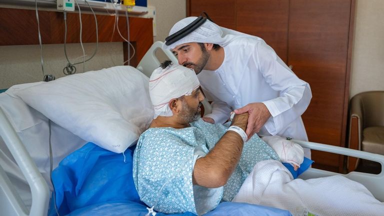 Deputy Prime Minister Hamdan bin Mohammed visiting Smit Machchhar in hospital. Pic: X/@HamdanMohammed