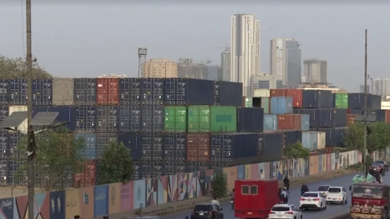 Stacked containers in Karachi. Pic: Reuters 