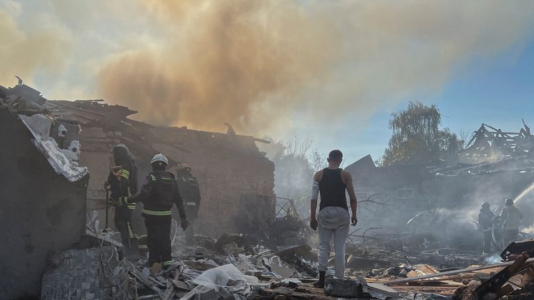 The aftermath of a Russian strike in the Kharkiv region on Sunday. Pic: Reuters