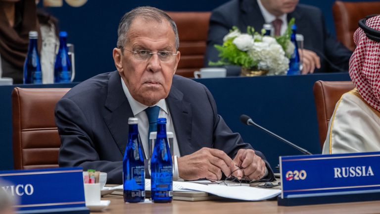 Sergei Lavrov at the meeting. Pic: AP