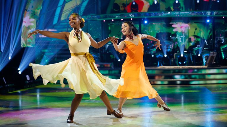 Bethany Antonia and Nancy Xu during Saturday's episode of Strictly Come Dancing. Pic: Guy Levy/BBC/PA