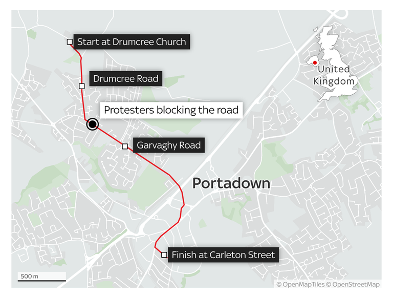Map showing where protesters had gathered along the planned Orange Order march route